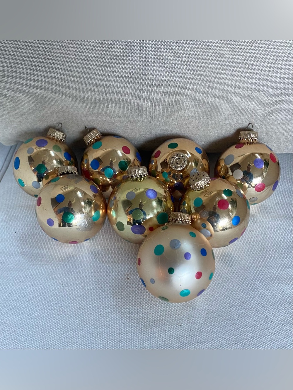 Vintage Christmas by Krebs Gold Preppy Polka Dot Glass Ornaments Set of 8